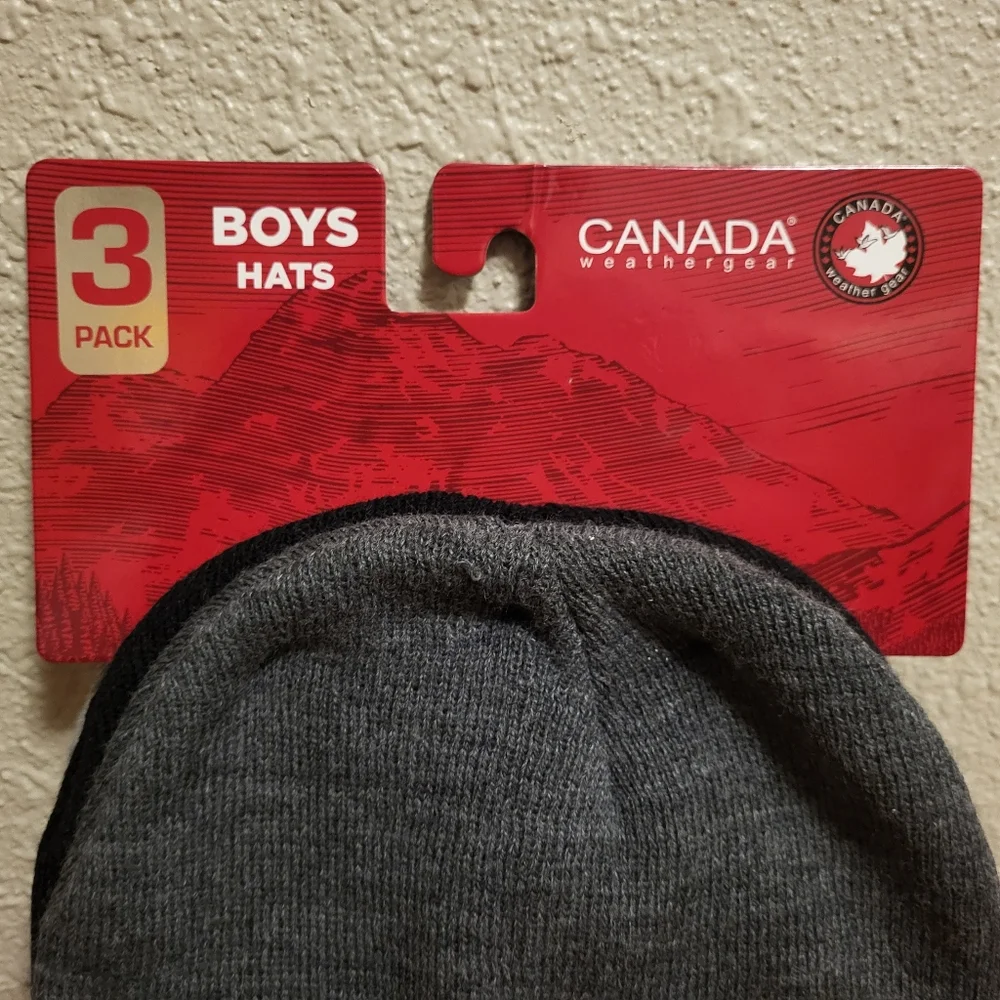 NWT Canada Weathergear 3 Pack Boys Knit Beanie Hats - Black and Gray